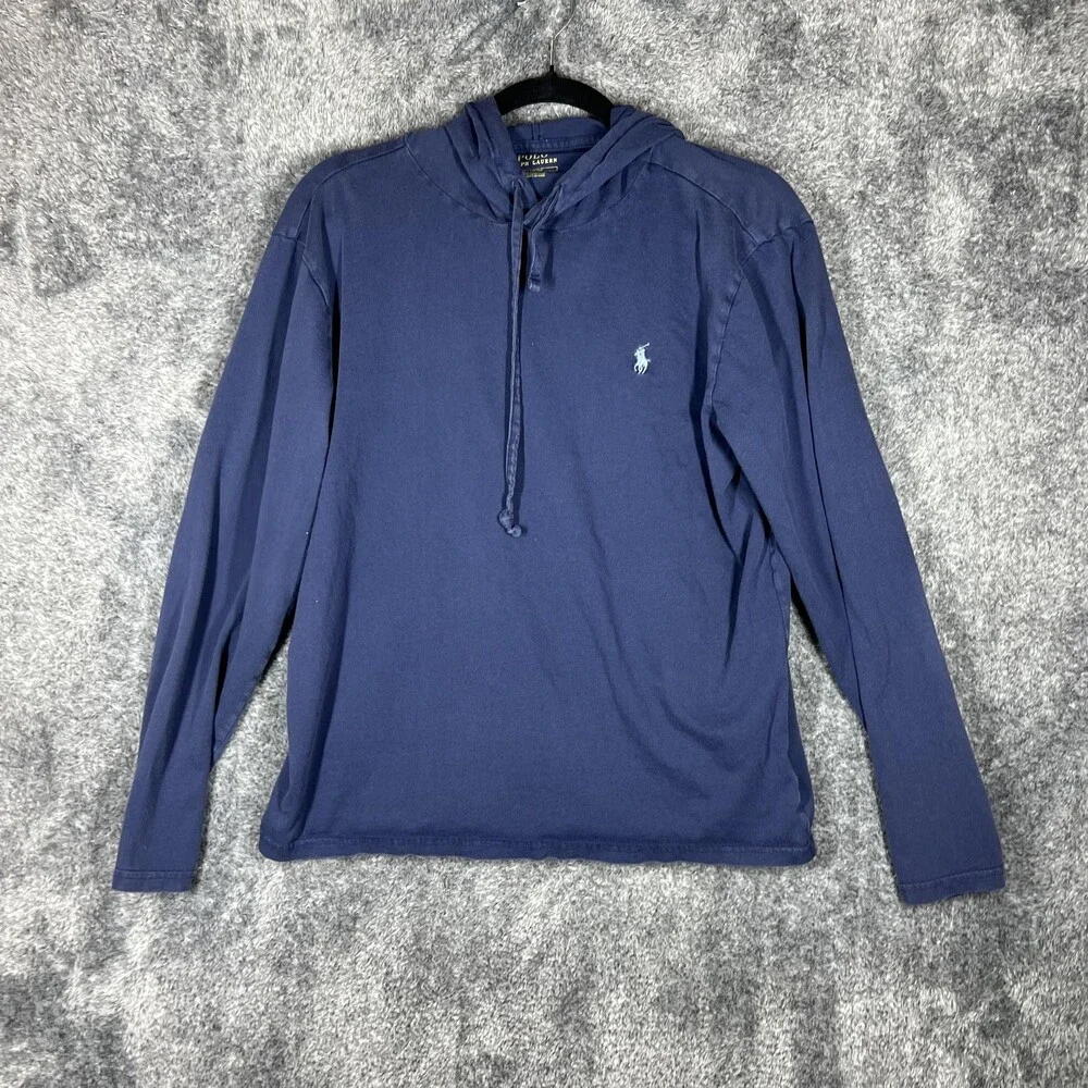 Polo Ralph Lauren Hoodie Mens Medium Blue Lightweight Jersey Pullover Logo
